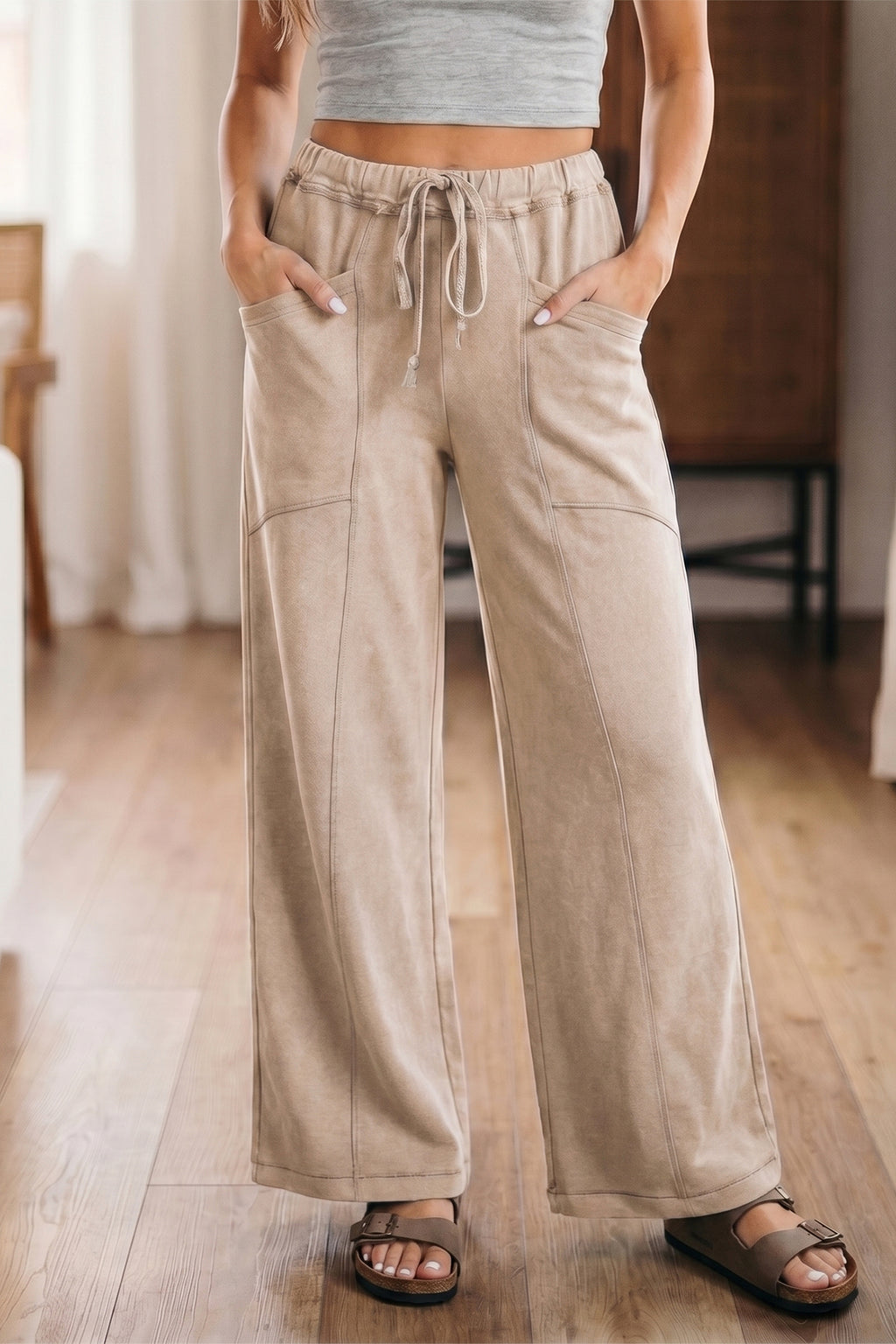 "Khaki or Blue" Boho Mineral Wash Wide Leg Pants