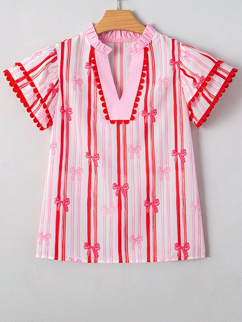 Pink Ric-Rac Sleeved Bow Print Blouse