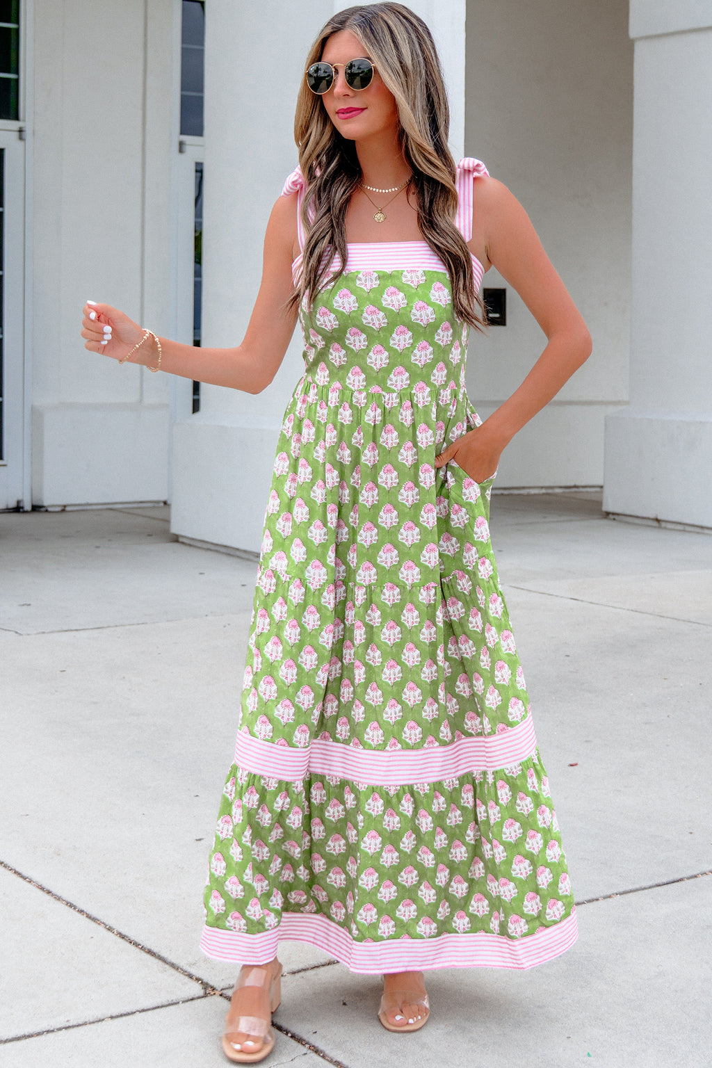 "Garden Party" Green Floral Tie Straps Maxi Dress