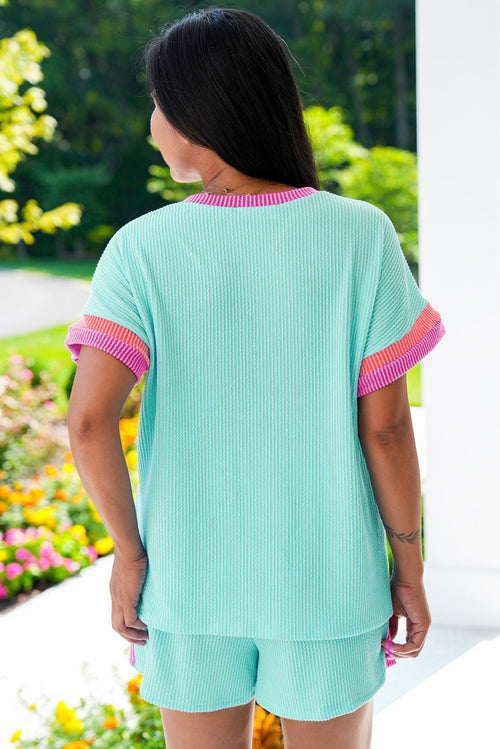 "Color Block In Corded" Plus Size Shorts Set