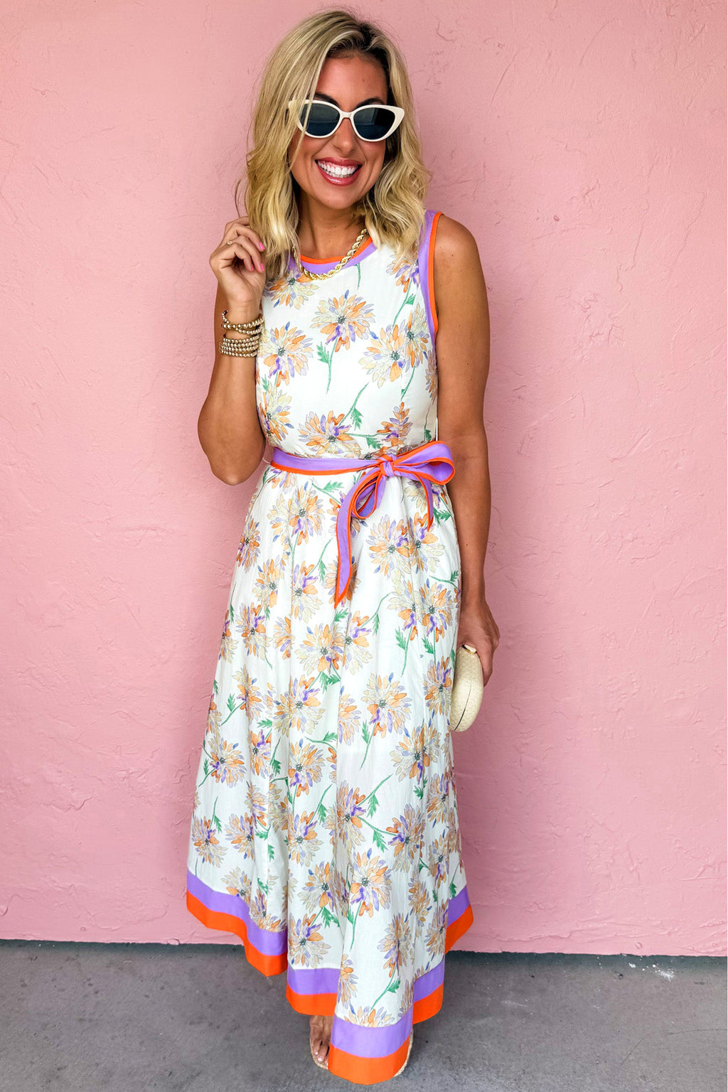 White Floral Print Color Block Trim Belted Maxi Dress