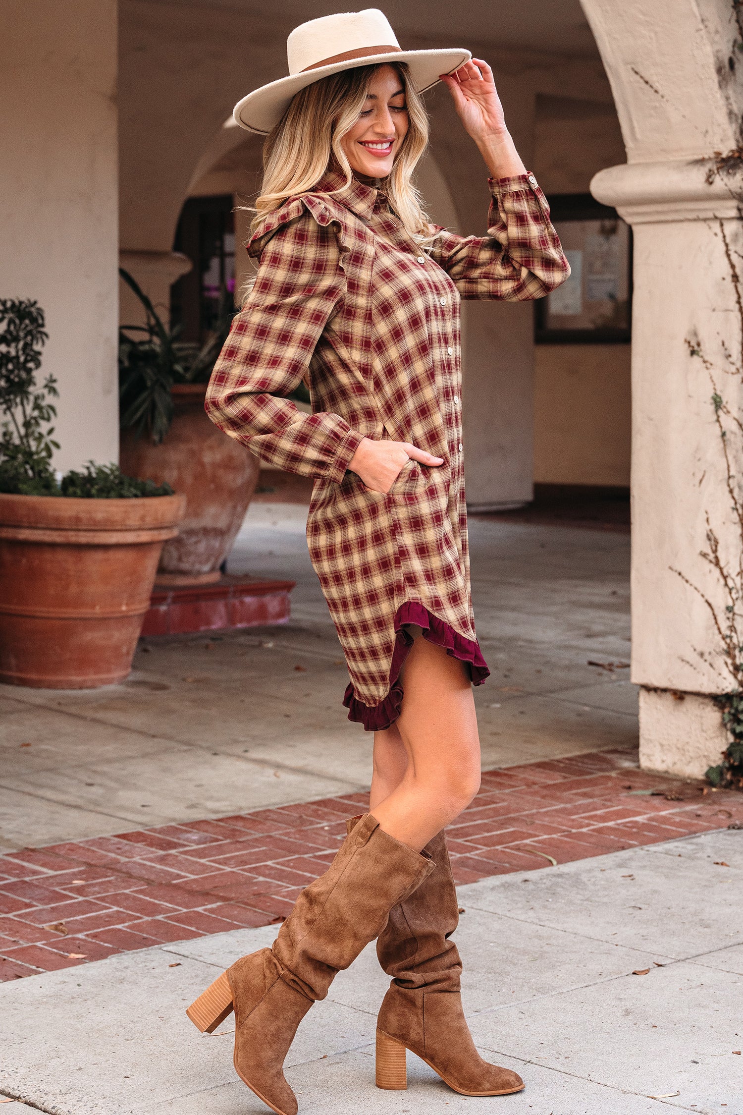 "Plaid and Pretty" Ruffled Shirt Dress