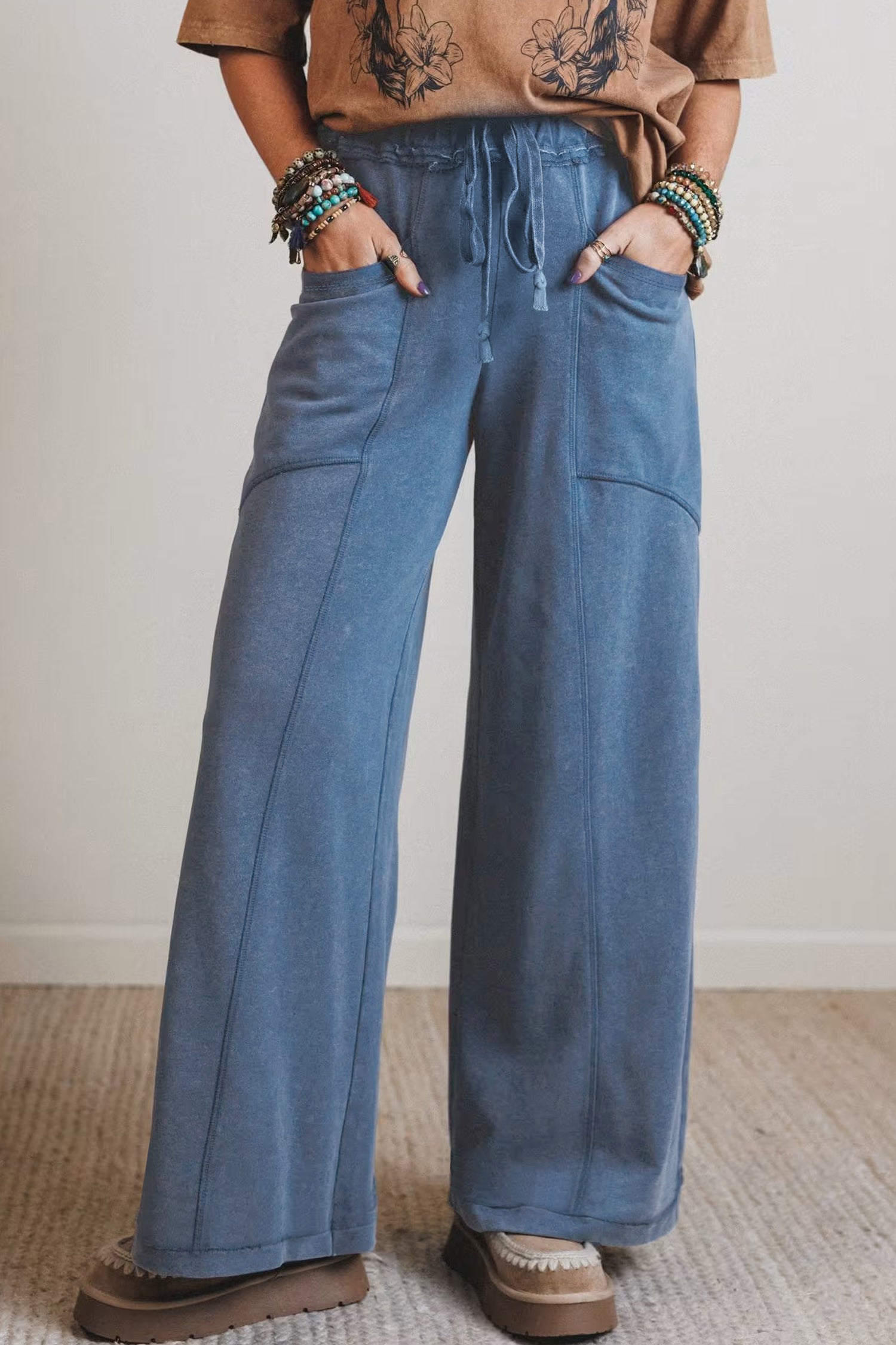 "Khaki or Blue" Boho Mineral Wash Wide Leg Pants