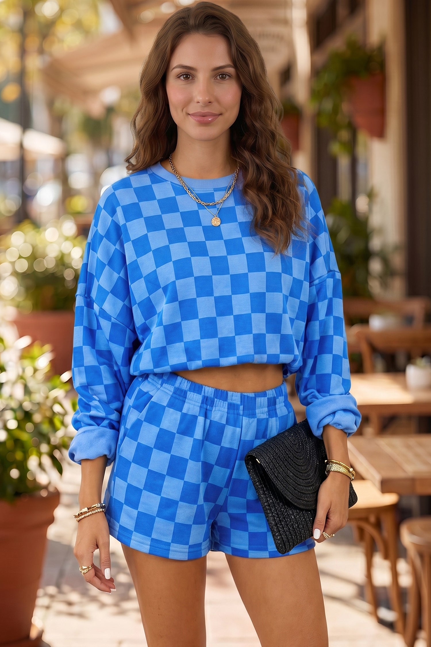Checkered Crop Top Shorts Two Piece Set