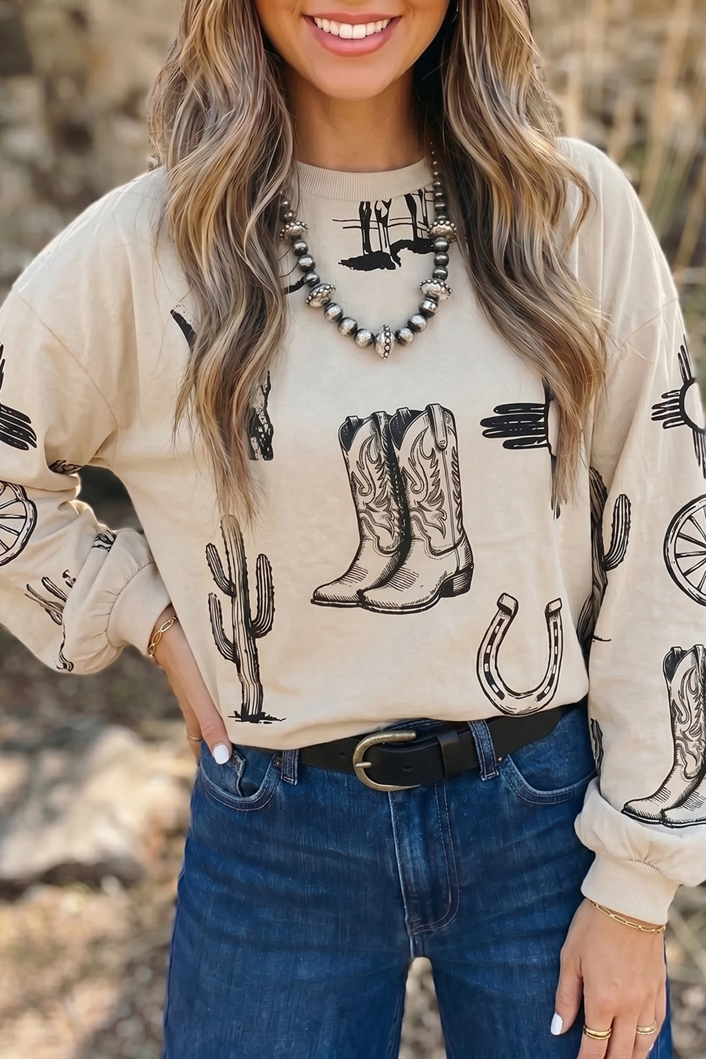 "Western In Khaki" Long Sleeve Loose Top