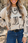 "Western In Khaki" Long Sleeve Loose Top