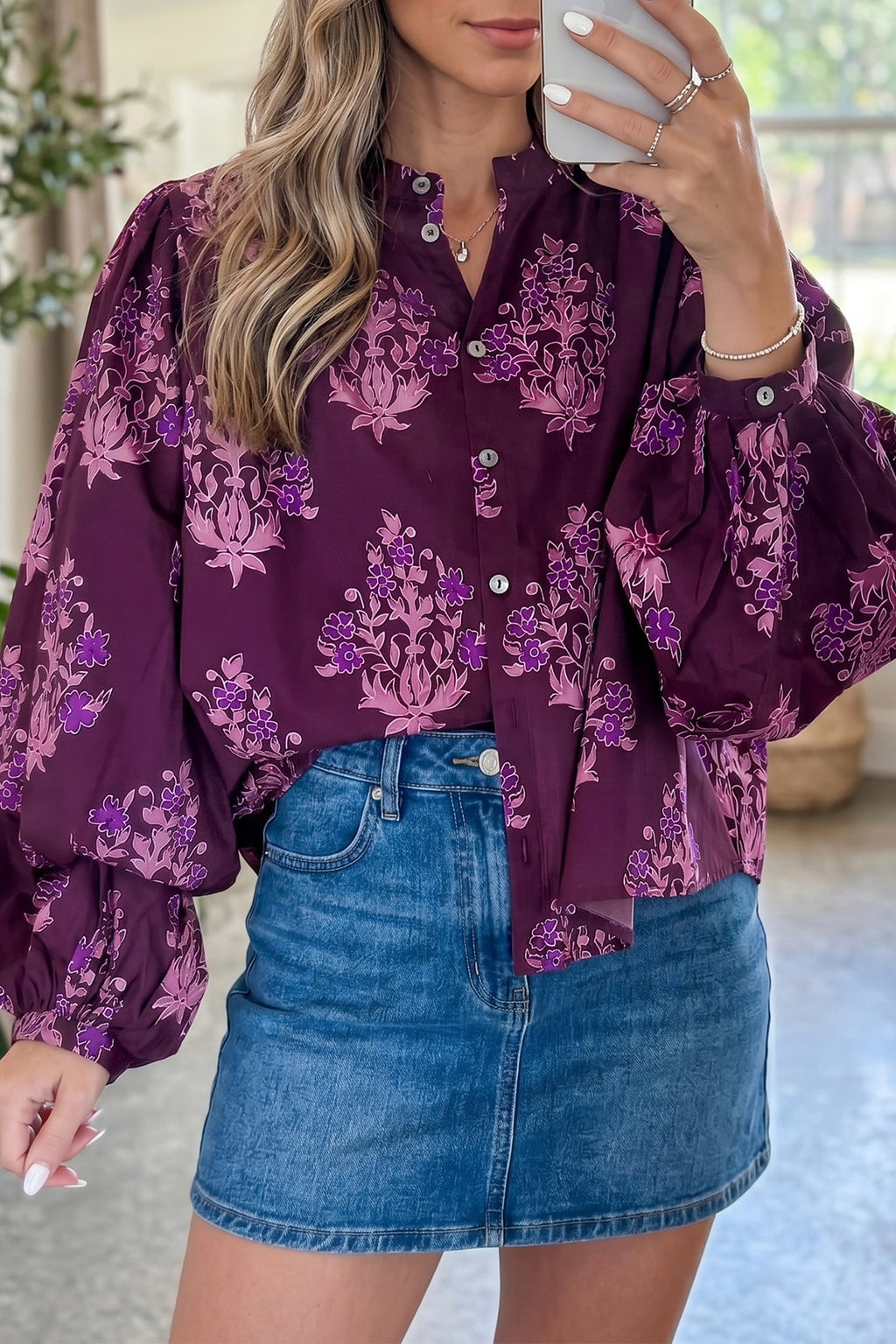 "Playful In Purple" Floral Print Long Puff Sleeve Shirt