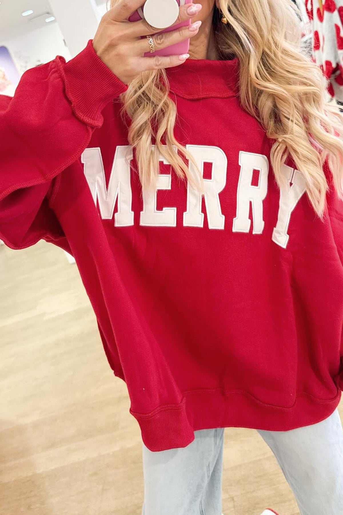 " Be MERRY" Embroidered High Neck Tunic Pullover Sweatshirt