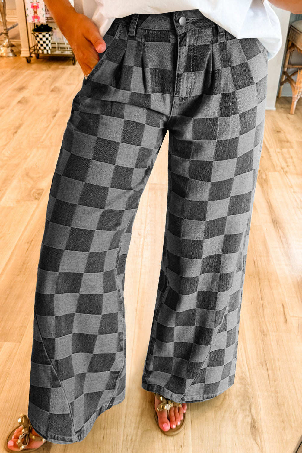 "Cute In Check" Checkered Wide Leg Jeans