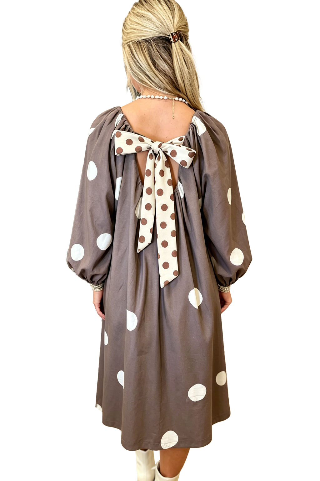 "Brown Polka & Bow" Knot Back Long Sleeve Midi Dress