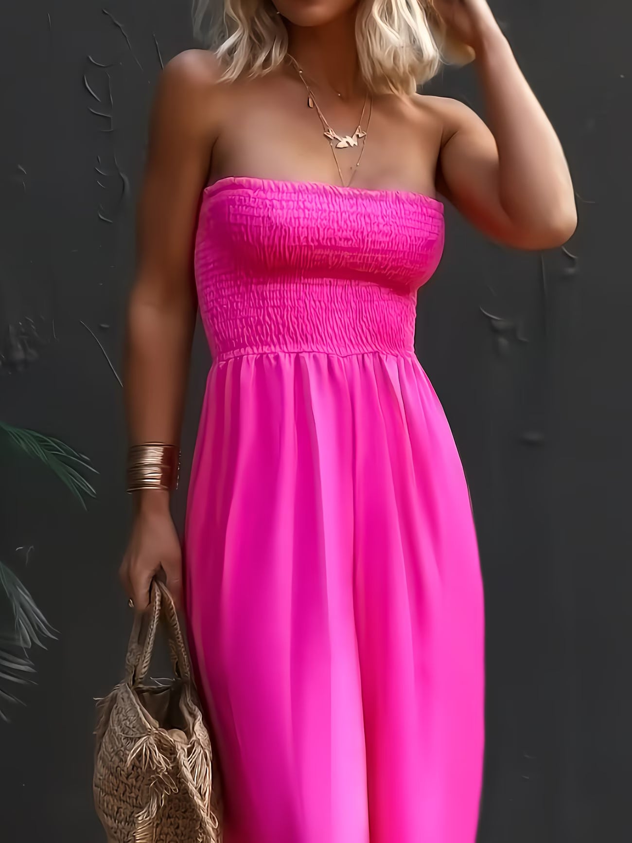 Hot Pink Wide-Leg Strapless Jumpsuit