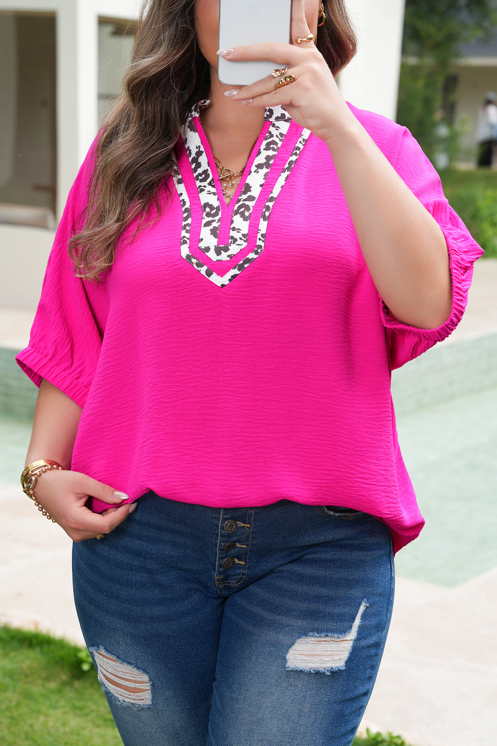 "Radiant In Rose" Leopard Trim Plus Size Top