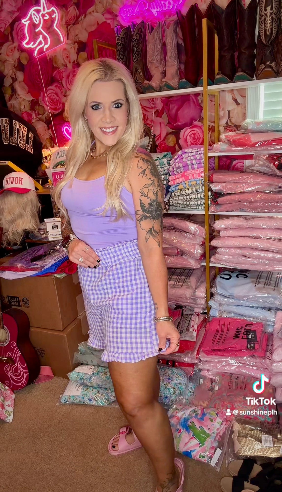 Lilac Gingham Print Ruffle Shorts
