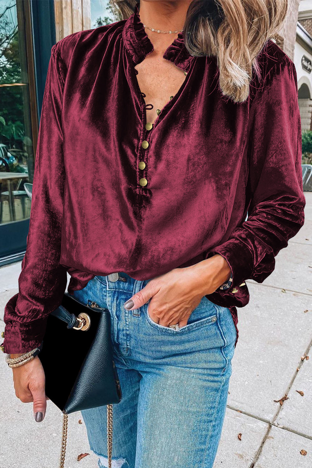 “Frilled” Mock Neck Velvet Top