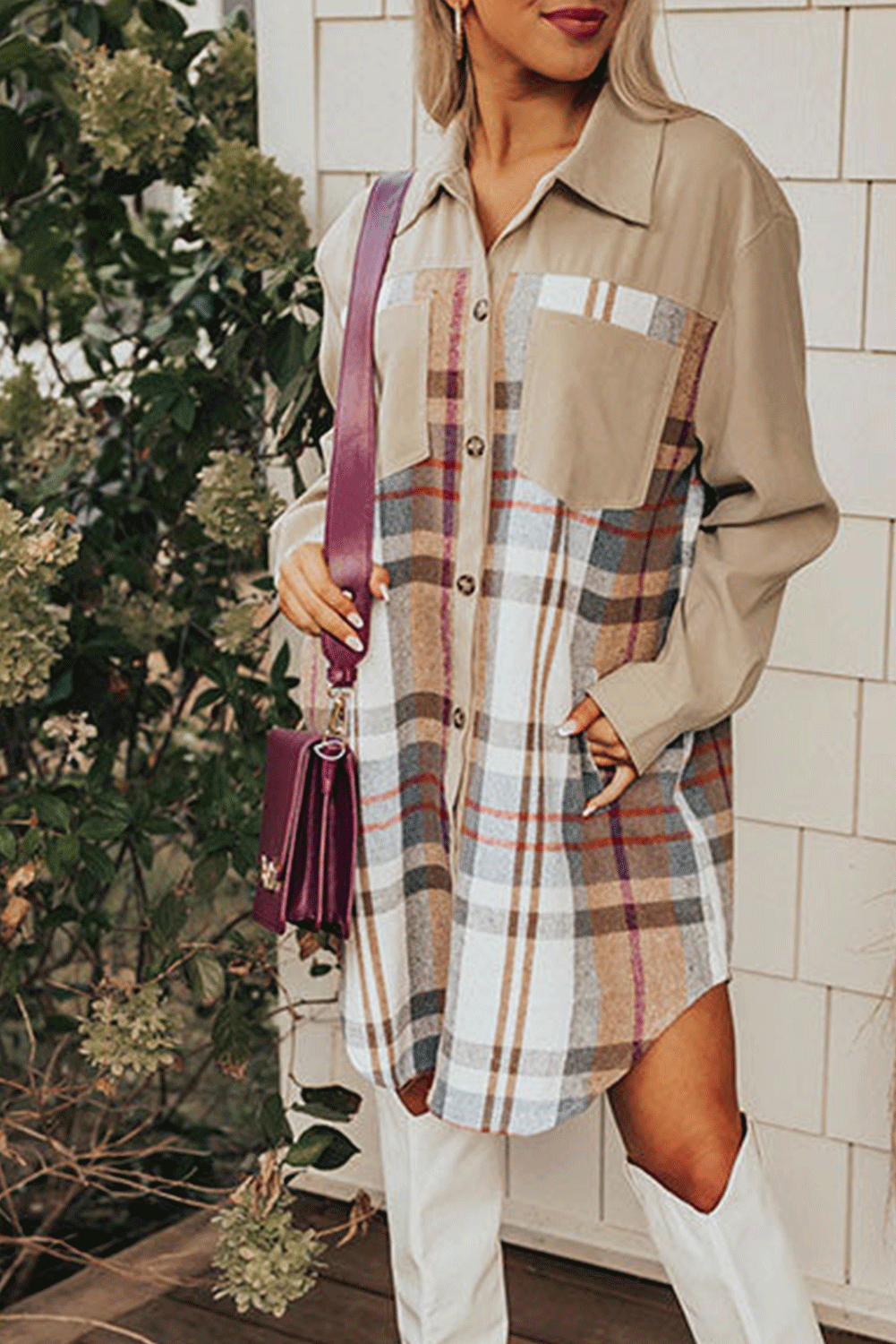 "Plaid Patchwork" Long Sleeve Shirt Dress