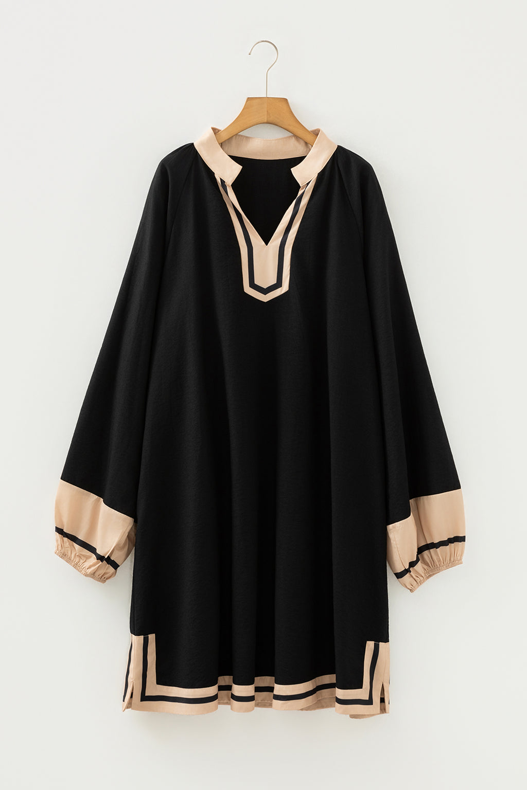 Color Block Trim Long Sleeve Black Plus Size Dress