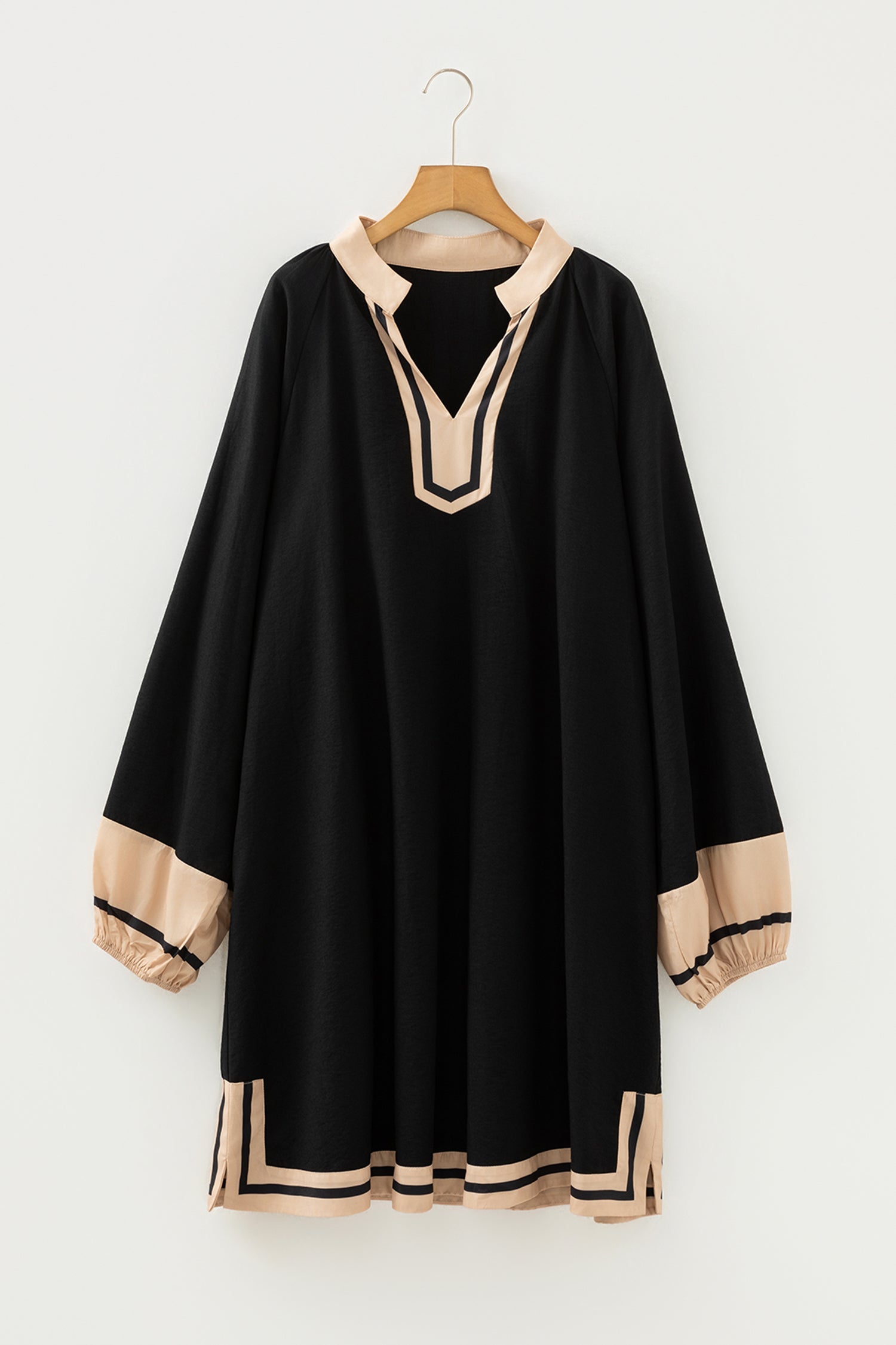 Color Block Trim Long Sleeve Black Plus Size Dress