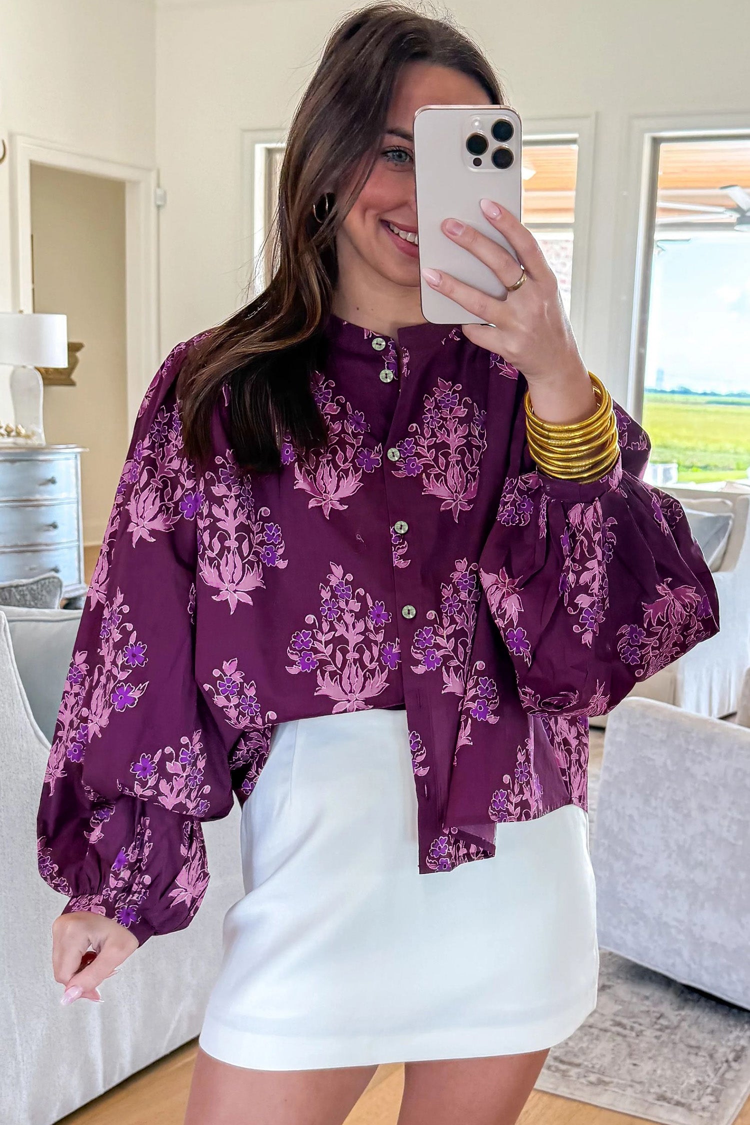 "Playful In Purple" Floral Print Long Puff Sleeve Shirt