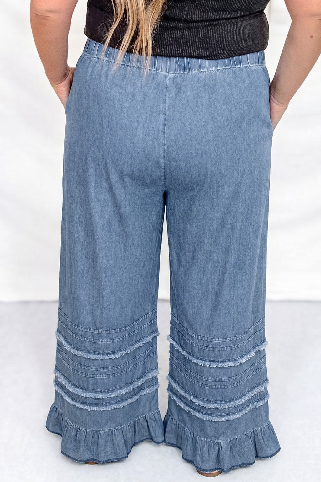 Dusk Blue Tiered Raw Edge Ruffled Plus Size Wide Leg Denim Jeans