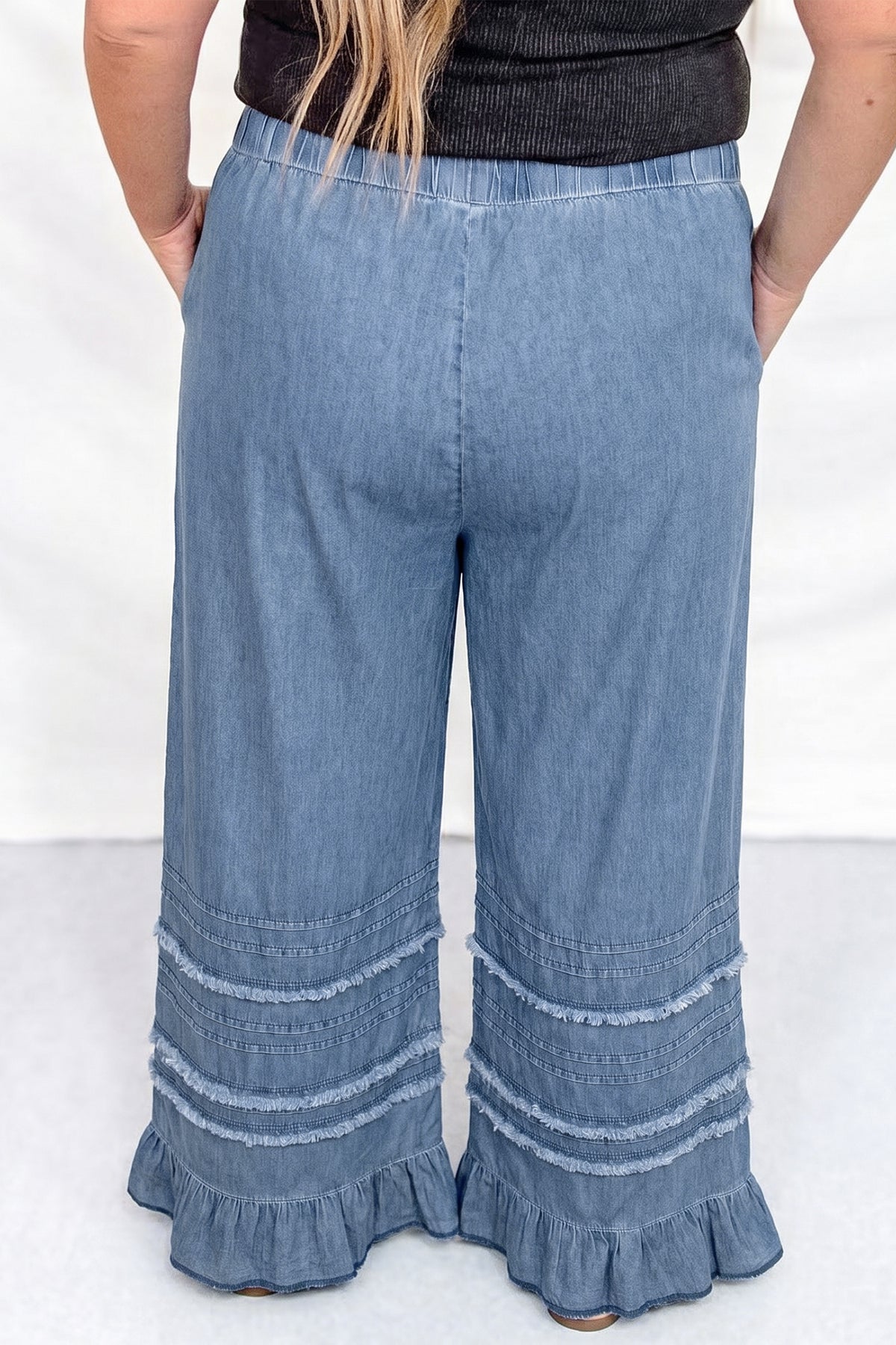Dusk Blue Tiered Raw Edge Ruffled Plus Size Wide Leg Denim Jeans