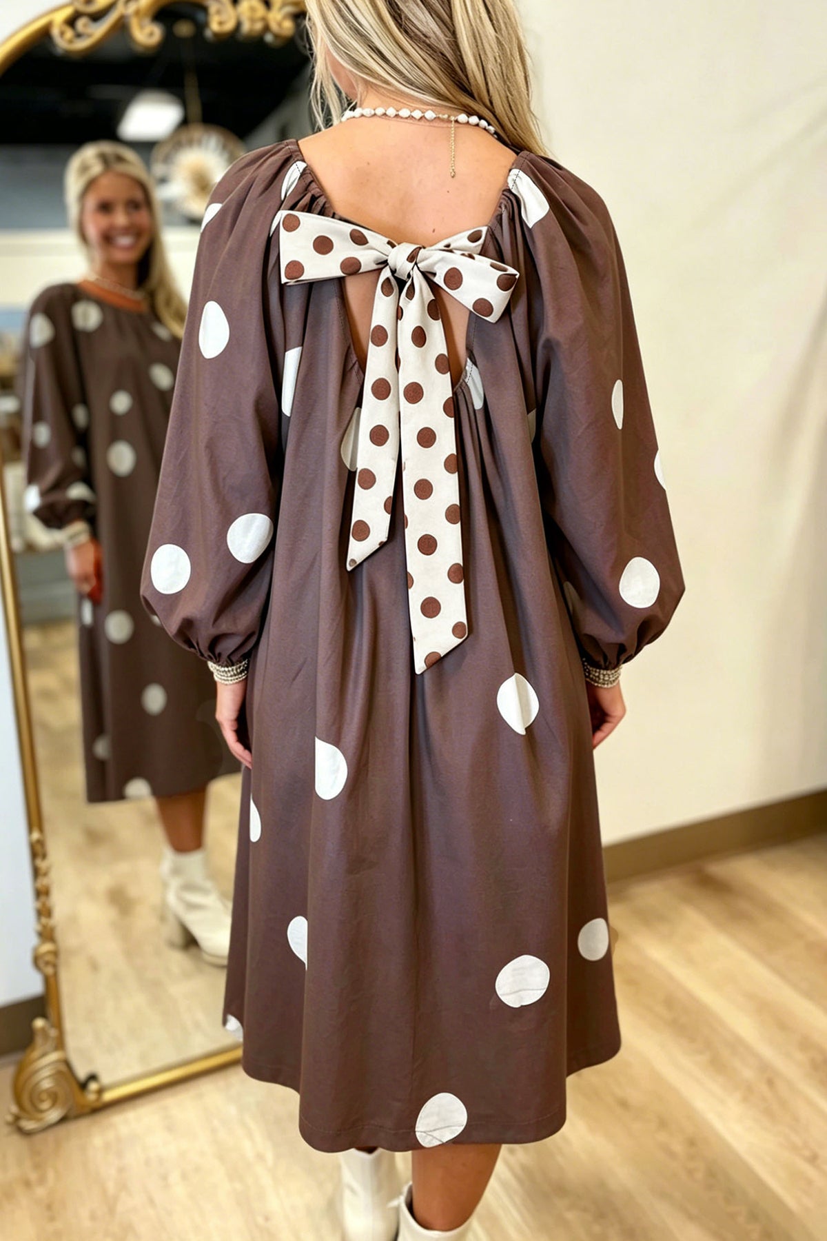 "Brown Polka & Bow" Knot Back Long Sleeve Midi Dress