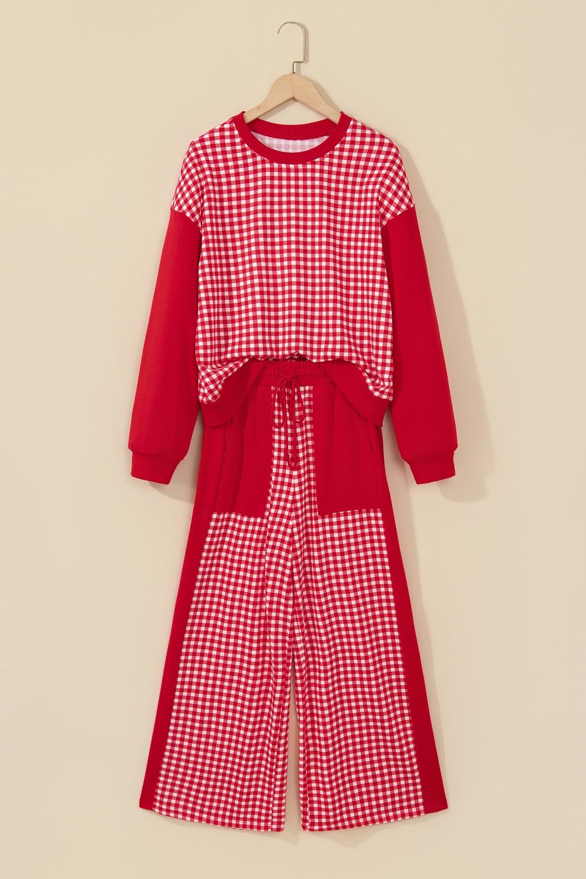 Color Block Plaid Patchwork Long Sleeve Pullover Pant Set