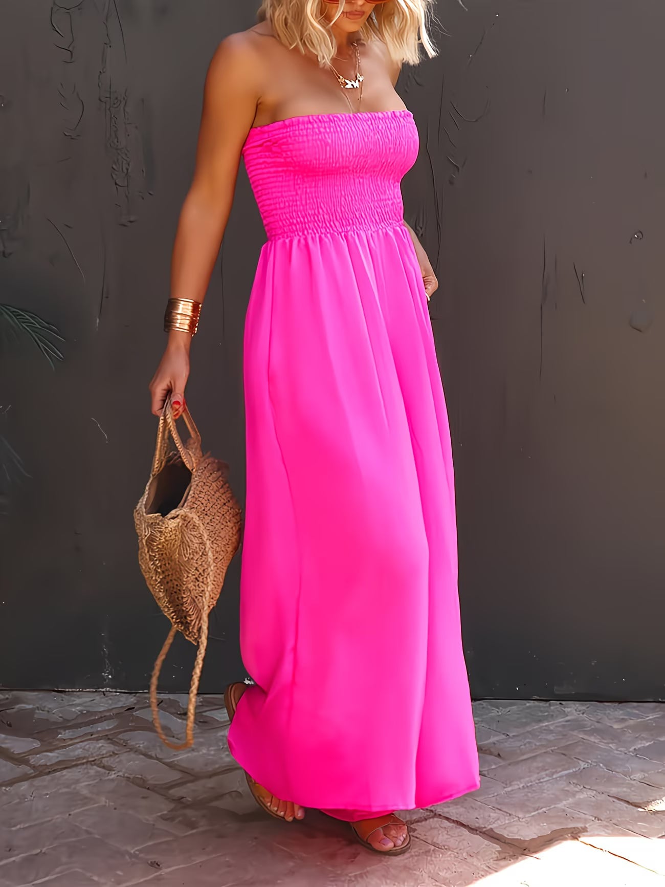 Hot Pink Wide-Leg Strapless Jumpsuit