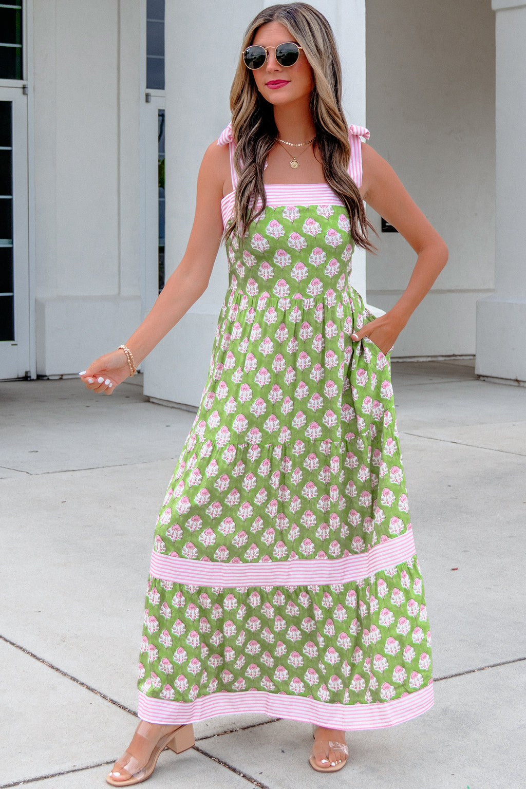 "Garden Party" Green Floral Tie Straps Maxi Dress