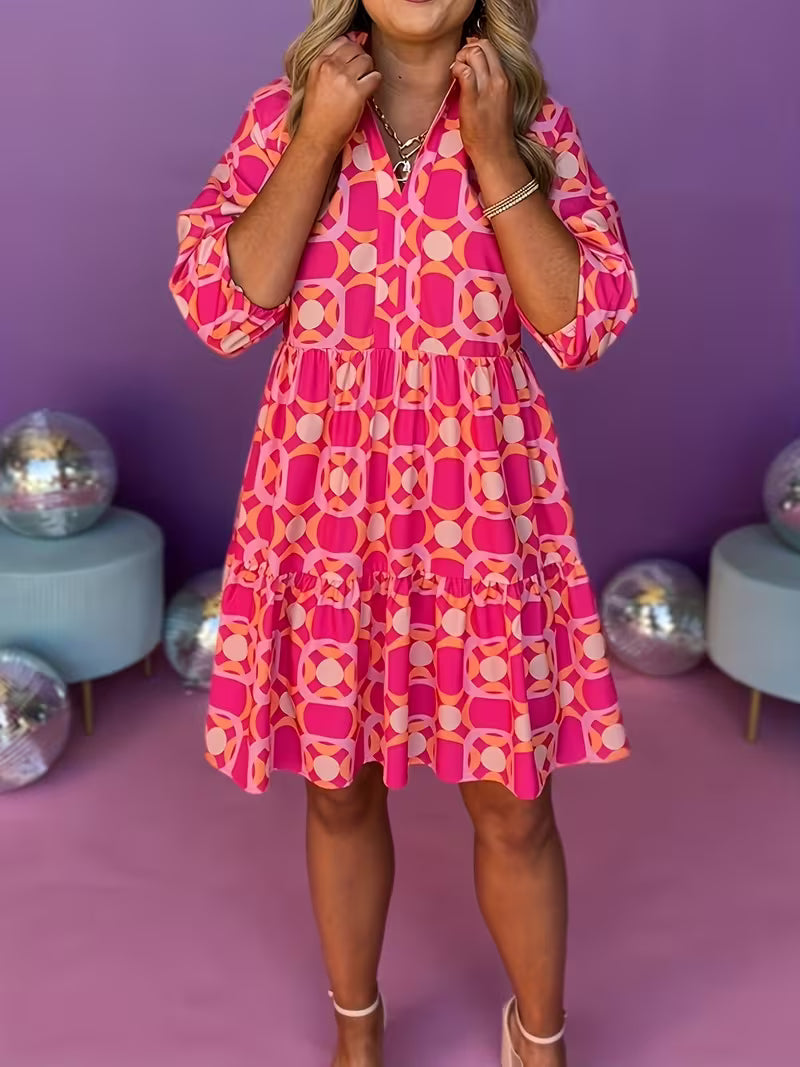 Vibrant Pink Geometric Layered Dress