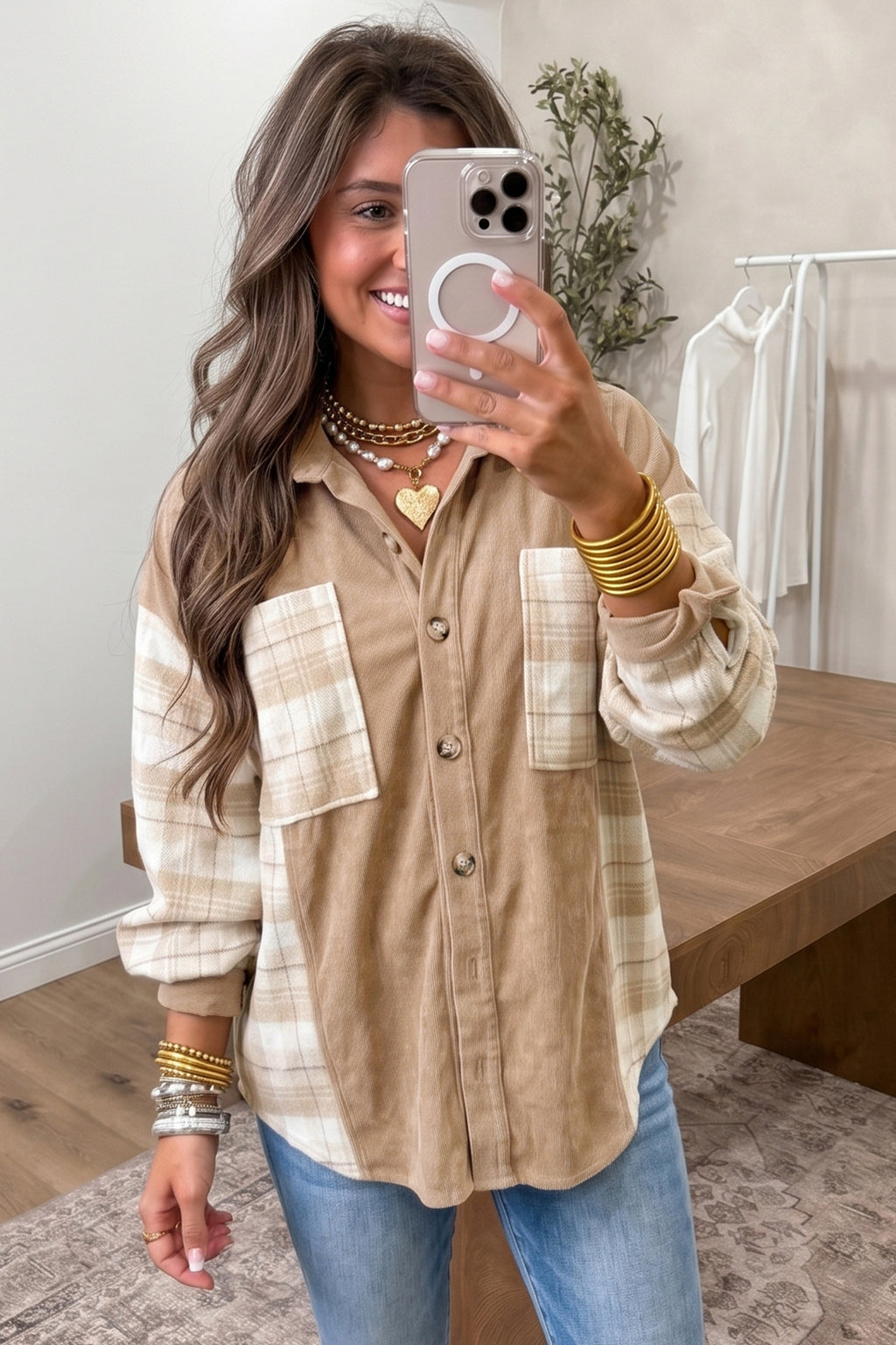 “Bold in Beige” Plaid Colorblock Shacket