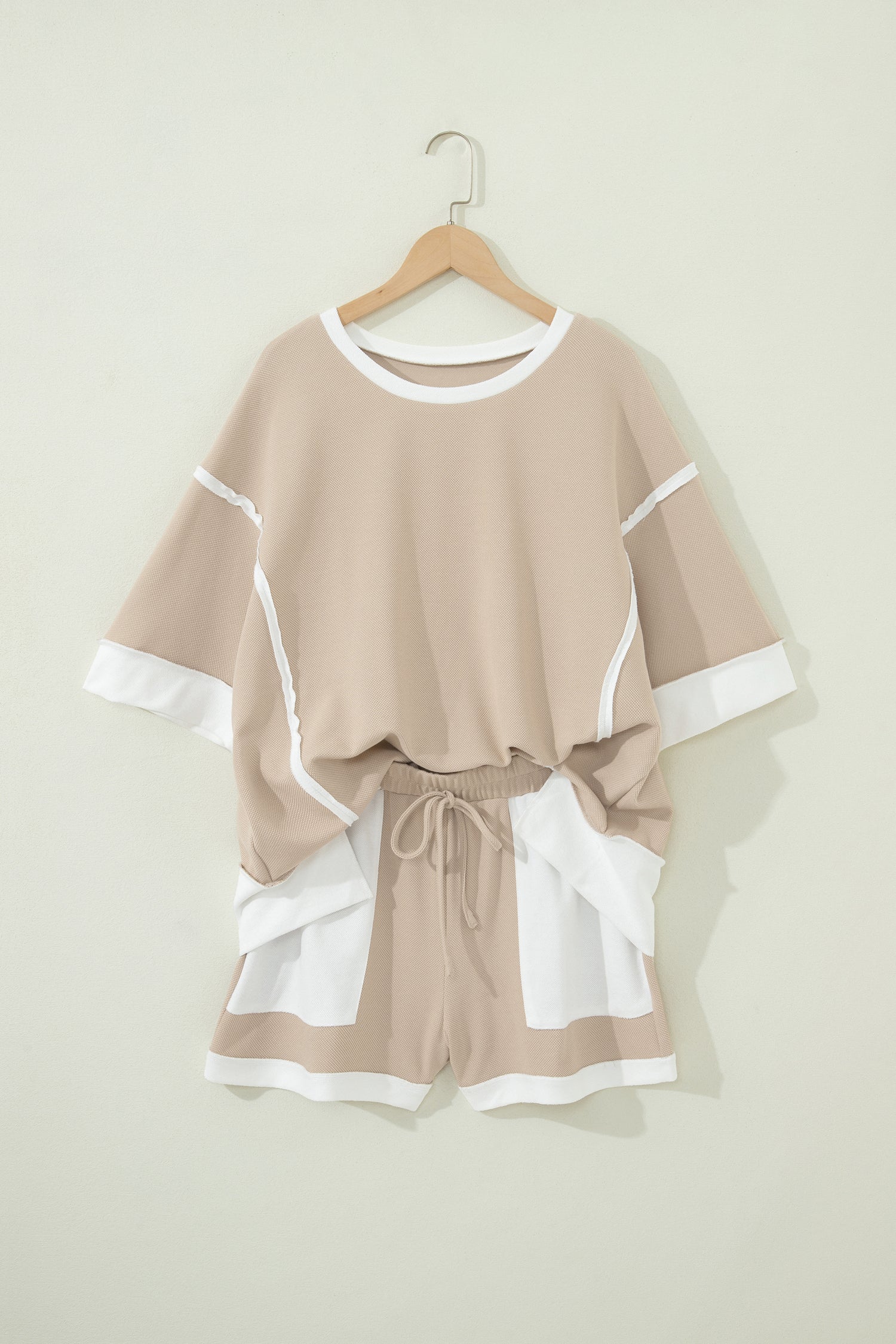 "Beautiful In Beige" Color Block Patchwork Tee & Shorts 2pcs Set