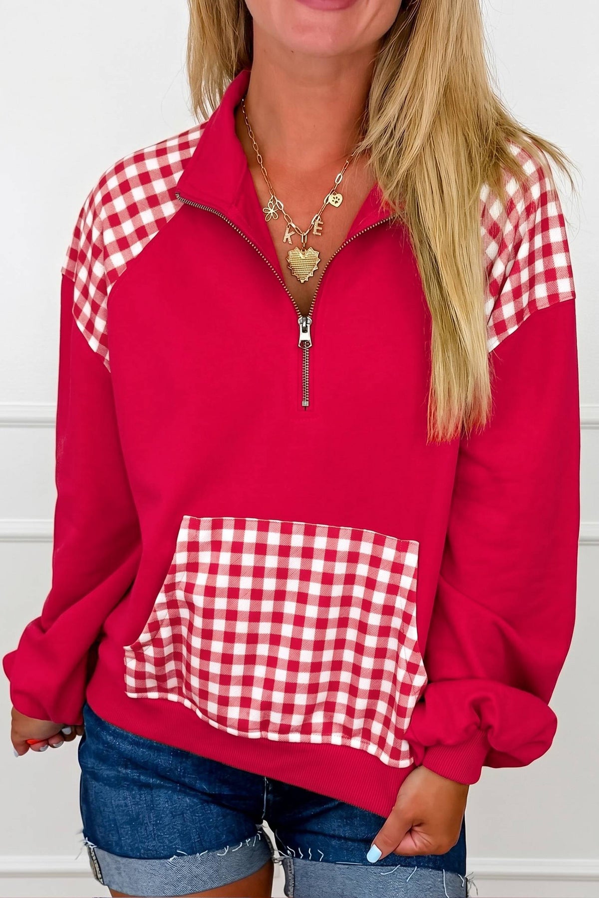 Patchwork Plaid Pocket Quarter Zip Pullover