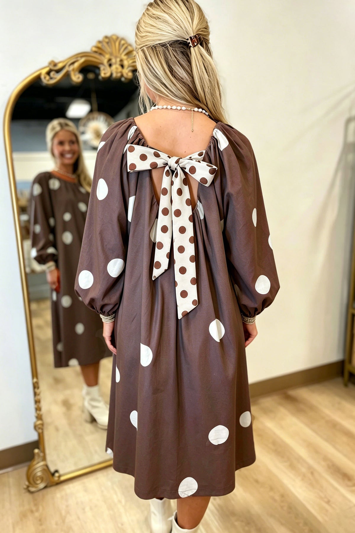 "Brown Polka & Bow" Knot Back Long Sleeve Midi Dress