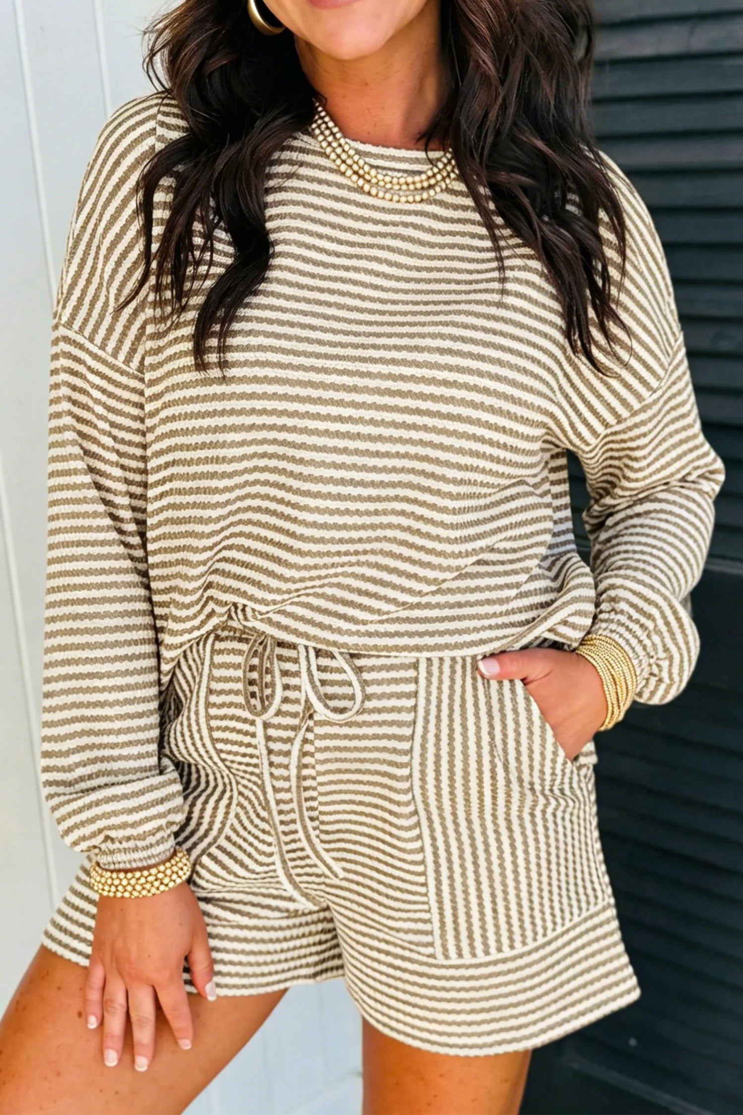 "Now in Neutral" Striped Long Sleeve Top Shorts Set