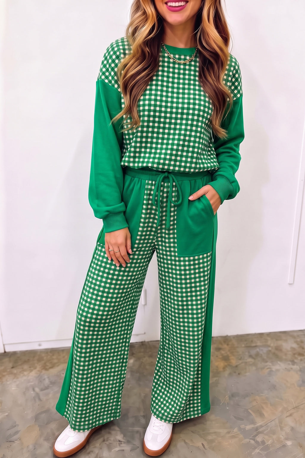 Color Block Plaid Patchwork Long Sleeve Pullover Pant Set