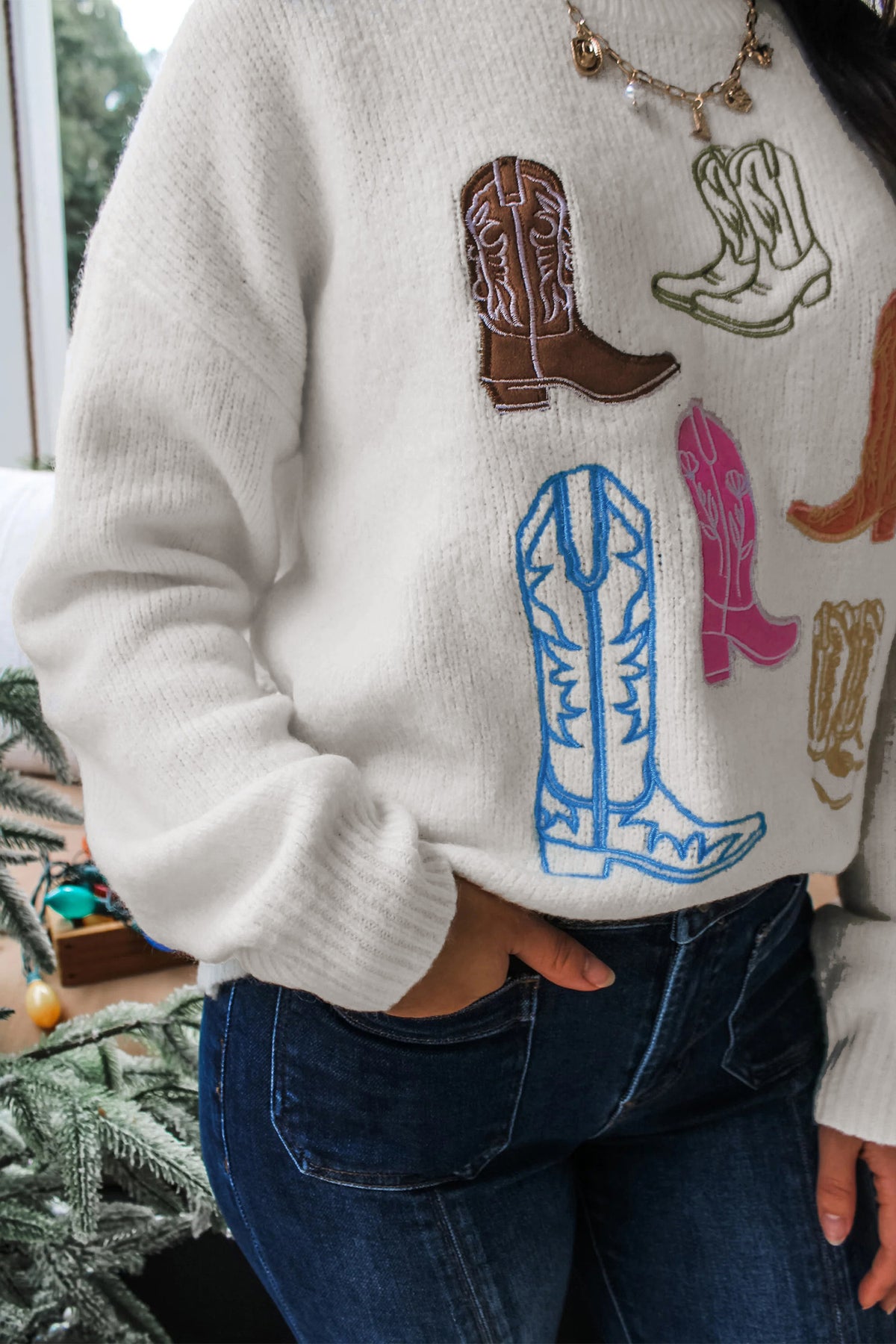 “Nice Boots” Embroidered Pullover Sweater