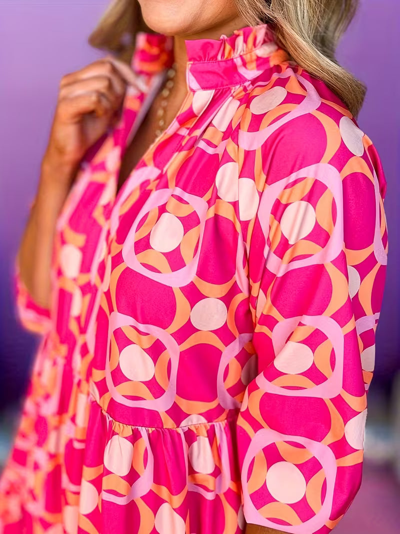 Vibrant Pink Geometric Layered Dress