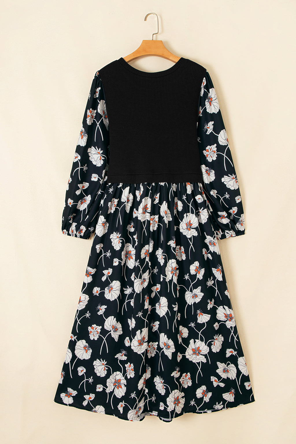 Black Floral Print Long Sleeve Plus Size Dress
