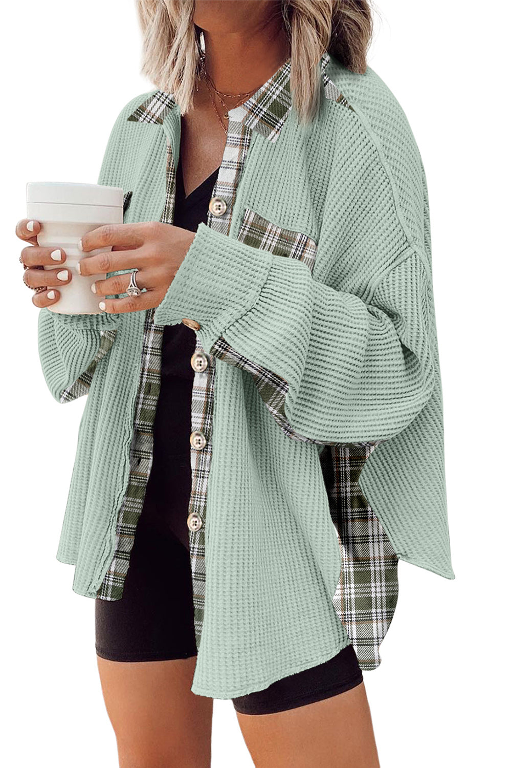 "Grass Is Greener" Plaid Patchwork Waffle Knit Shacket