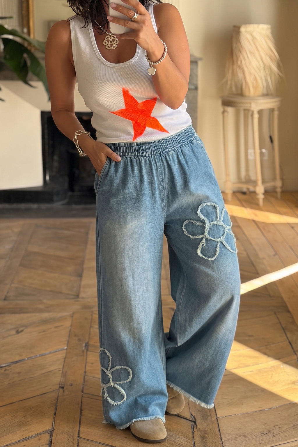 "Flirty in Floral" Patched Wide Leg Jeans