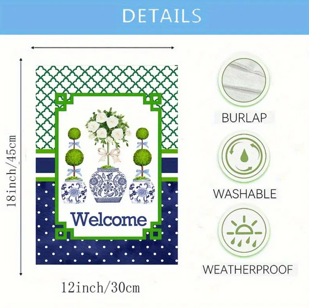 Blue Chinoiserie Triple Topiary Garden Flag