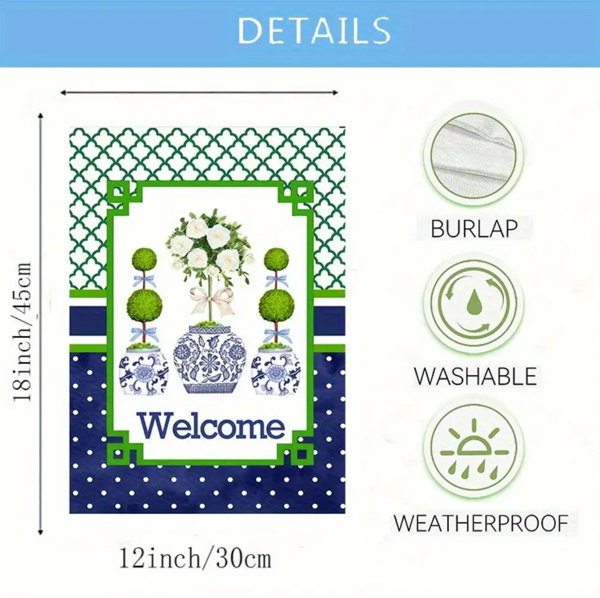 Blue Chinoiserie Triple Topiary Garden Flag