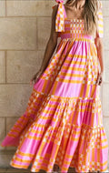 Pink & Orange Plaid Print, Ribbon Strap Dress