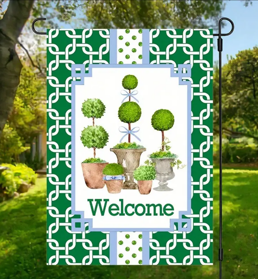 Green Topiary Trellis Chinoiserie Garden Flag