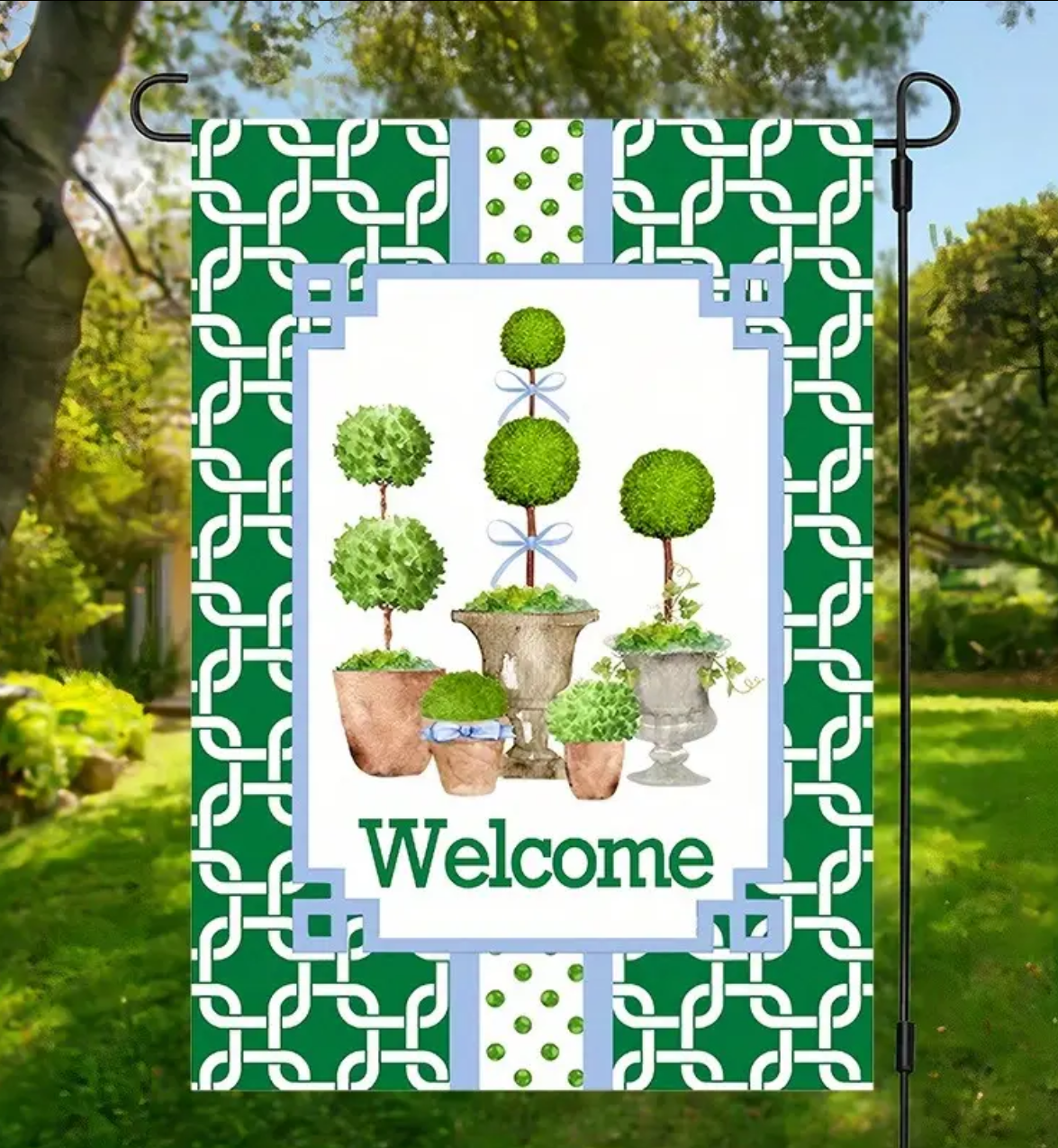 Green Topiary Trellis Chinoiserie Garden Flag
