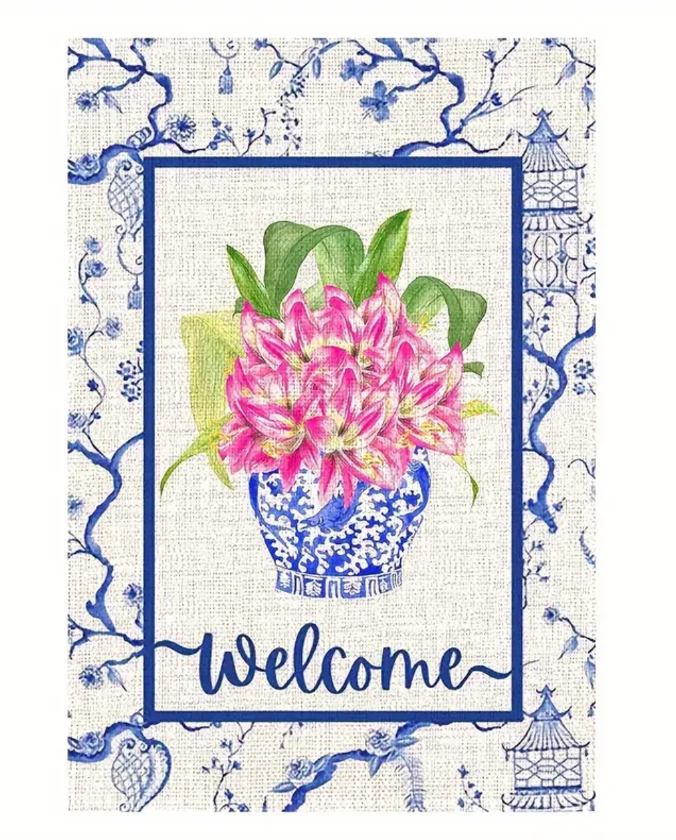 Pink Floral Chinoiserie Planter Garden Flag