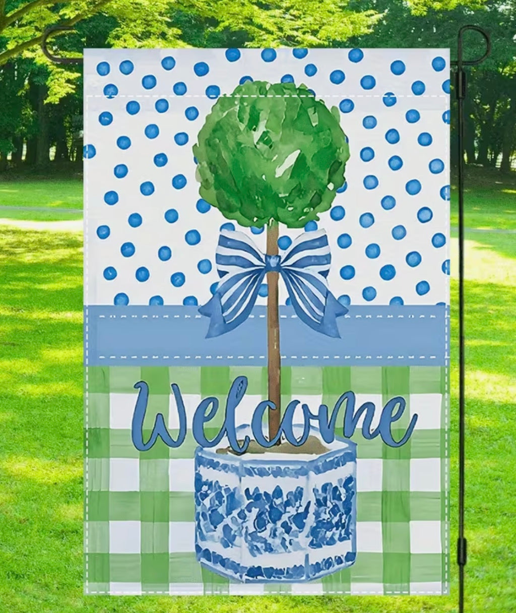 Chinoiserie Topiary Blue Bow Garden Flag