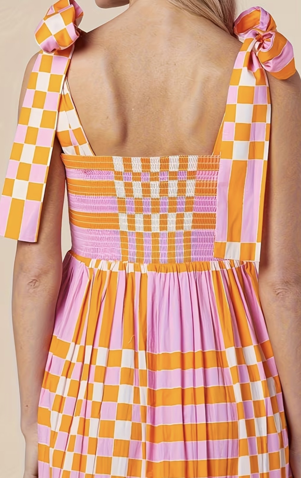 Pink & Orange Plaid Print, Ribbon Strap Dress