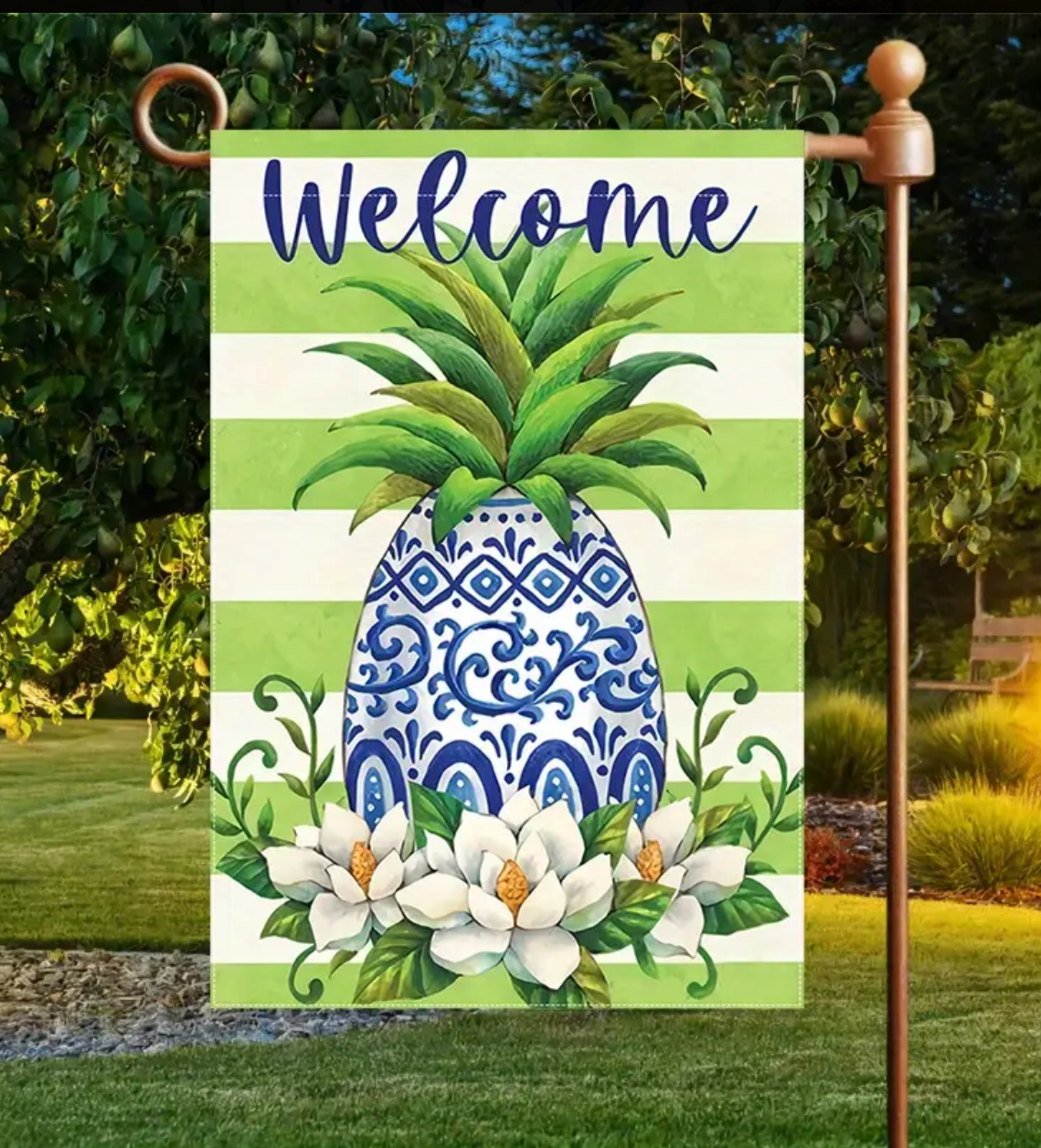 Blue Chinoiserie Pineapple Garden Flag