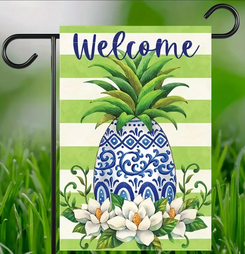 Blue Chinoiserie Pineapple Garden Flag